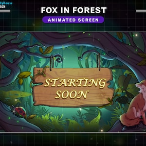 Animated Stream Screens Red Fox in Forest,  Rainy Night Forest Twitch Screens with Cute Fox, Leaves Falling