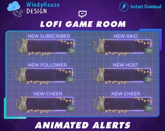 Animated Cute Cat Twitch Alerts, Neon Twitch Alerts For Overlay Pack