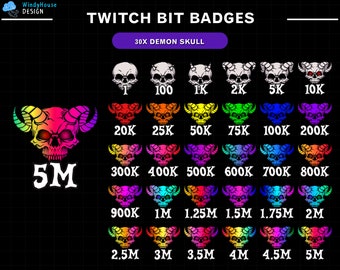 30x Skull Dämon Twitch Bit Badges, Numbers Bit Badges, Devils Twitch Sub Badges für Streamer, YouTuber & Discord