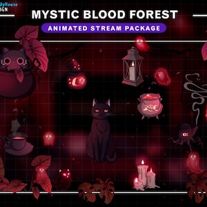 May include: Animated stream package with a black cat, a cauldron, candles, and a variety of spooky elements in a red and black color scheme. The text "Mystic Blood Forest" is at the top of the image.