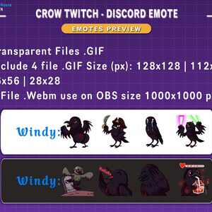 Peut inclure: Graphique violet avec le texte "CROW TWITCH - DISCORD EMOTE" et "EMOTES PREVIEW". En dessous, des emotes de corbeaux avec divers designs, dont un corbeau pirate et un corbeau avec des sabres laser. Le texte "Windy:" est &eacute;galement pr&eacute;sent.