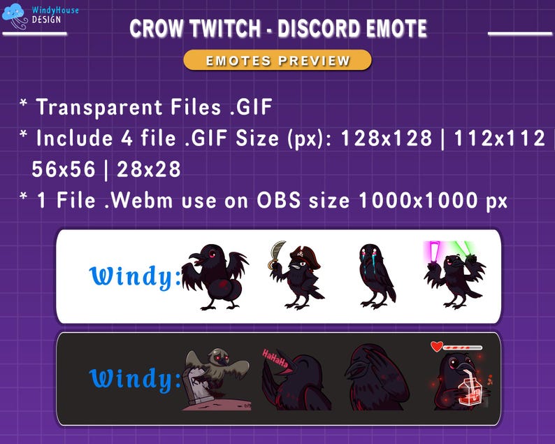 Peut inclure: Graphique violet avec le texte "CROW TWITCH - DISCORD EMOTE" et "EMOTES PREVIEW". En dessous, des emotes de corbeaux avec divers designs, dont un corbeau pirate et un corbeau avec des sabres laser. Le texte "Windy:" est &eacute;galement pr&eacute;sent.