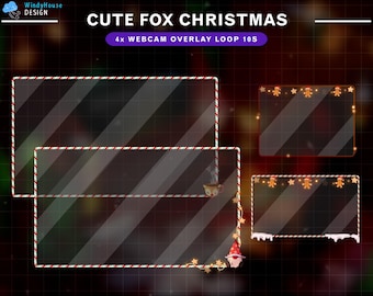 Könnte beinhalten: Vier Webcam-Overlay-Rahmen mit einem Weihnachtsmotiv. Die Rahmen sind mit Zuckerstangen, Sternen und einem Fuchs mit Weihnachtsmannmütze verziert. Der Text "CUTE FOX CHRISTMAS" und "4x WEBCAM OVERLAY LOOP 10S" wird über den Rahmen angezeigt.