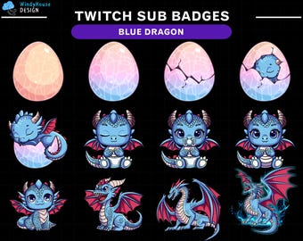 Insignias de suscripción de Twitch: Dragón místico azul, conjunto de insignias de transmisión de fantasía para streamers