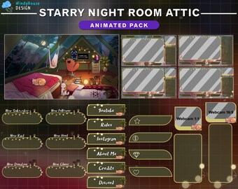 Animated Twitch Overlay Cozy Attic Bedroom,  Animated Stream Package Starry Night Twitch Overlay with Cute Cat