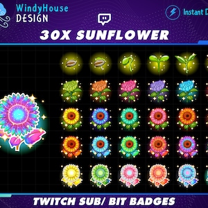 30x Colorful Sunflower Twitch Bit Badges, Kawaii Flower Sub Badges for Streamers, YouTubers & Discord