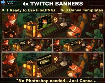 4x Cozy Fox Gaming Room Twitch Stream Banner, Banner for Twitch, Youtube, and Discord, Editable Canva Template, Graphics For Streamers