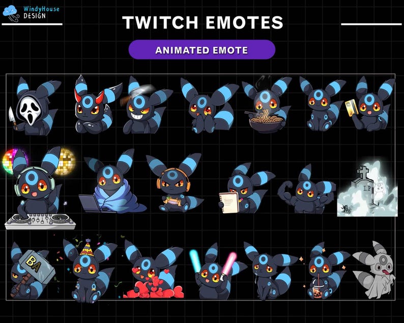 May include: A set of 18 animated Twitch emotes featuring a blue and black creature with different expressions and actions. The emotes are designed in a cartoon style and are perfect for adding personality to your Twitch streams.