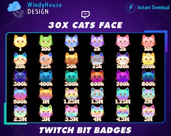 30x Cats Face Twitch Bit Badges, Cute Cat Bit Badges Set, Twitch Tier Badges For Streamers/Discord Active