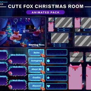 Pakiet pełnego strumienia animowanego Lo-fi Fox Christmas Room, przytulny pokój świąteczny, ekrany Twitch ze śniegiem, choinką, bałwanem...