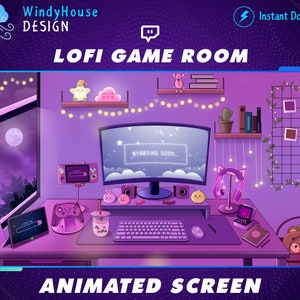 Pantallas de transmisión de Twitch de sala de juegos acogedoras y animadas, superposición de Twitch de sala de PC de juegos estéticos, té con leche, sala púrpura, lindo juego de jugador Kawaii