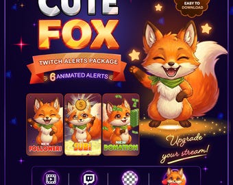 Animated Cute Fox Stream Alerts Pack, Fox Twitch Alerts Pack, Bonus Fox Twitch Discord Emotes (WEBM, GIF)