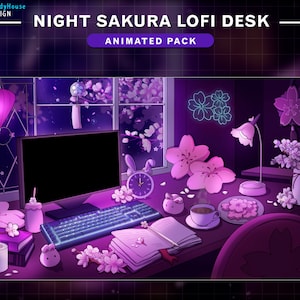 May include: A digital illustration of a desk with a computer, keyboard, books, a cup of coffee, and a lamp. The desk is decorated with pink cherry blossoms and a glowing neon sign. The text "NIGHT SAKURA LOFI DESK ANIMATED PACK" is at the top of the image.
