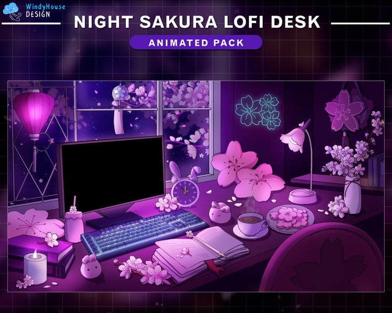 May include: A digital illustration of a desk with a computer, keyboard, books, a cup of coffee, and a lamp. The desk is decorated with pink cherry blossoms and a glowing neon sign. The text "NIGHT SAKURA LOFI DESK ANIMATED PACK" is at the top of the image.