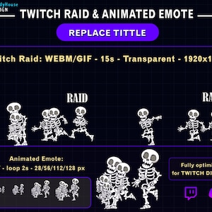 Könnte beinhalten: Digitalgrafik mit weißen animierten Skelettfiguren, entworfen für Twitch-Raids und Emotes. Das Bild enthält Text mit Dateiformaten, Dauern und Auflösungen, vor einem dunkelblauen Hintergrund, mit Twitch- und Discord-Logos.