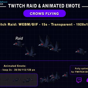 Peut inclure: Conception animée de raid et d'emote Twitch avec des corbeaux aux yeux rouges brillants. L'image comprend le texte "Crows Flying", "Twitch Raid" et "Animated Emote". La conception est entièrement optimisée pour Twitch et Discord.