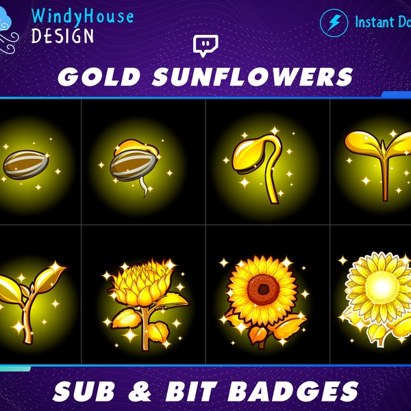 Gold Sunflowers Twitch Sub Badges, Bit Badges, Cute sub badges, Kawaii, Streamer, Pastel, youtube Badges, flower, Sunflower sub badges