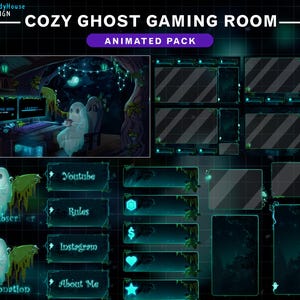May include: A digital art pack for a cozy ghost gaming room. The design features a ghost character in a gaming setup, with animated overlays and panels. The color scheme is dark teal and black, with glowing accents and the text "COZY GHOST GAMING ROOM".