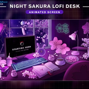 May include: A purple and pink computer desk with a computer monitor displaying "Starting Soon" on the screen. The desk is decorated with a pink lamp, a cup of coffee, a book, and a keyboard. There are pink flowers and a pink bunny on the desk. The background is a night scene with a window showing a starry sky and a pink lantern.