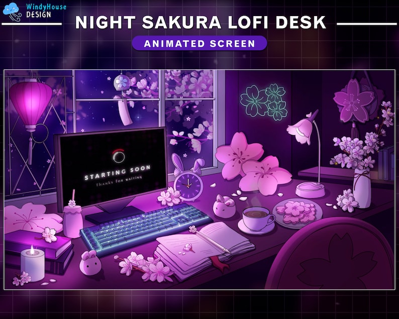 May include: A purple and pink computer desk with a computer monitor displaying "Starting Soon" on the screen. The desk is decorated with a pink lamp, a cup of coffee, a book, and a keyboard. There are pink flowers and a pink bunny on the desk. The background is a night scene with a window showing a starry sky and a pink lantern.