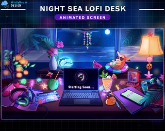 Pantallas animadas Lofi Desk Night Summer Stream, Estética de sala de juegos de Twitch, Configuración de escritorio con portátil, Pikachu y auriculares