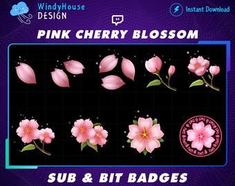 Cute Pink Pastel Cherry Blossom, Sakura Twitch Sub Badges, Bit Badges, Bit Loyalty Badges, Kawaii Sakura badges