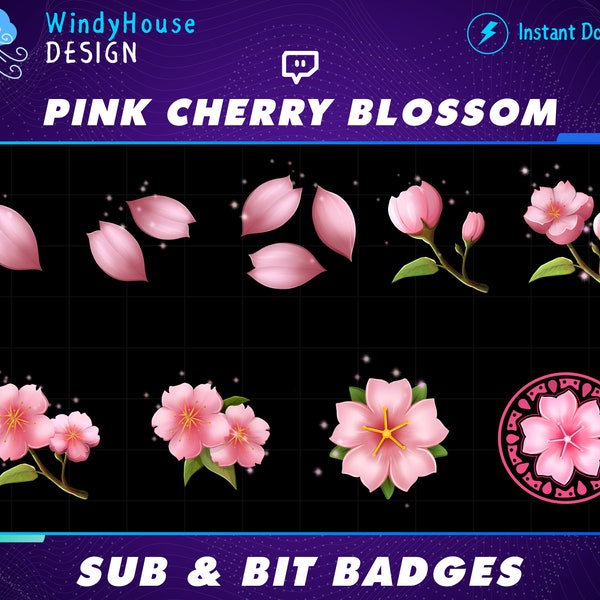 Fleur de cerisier pastel rose mignonne, sous-badges Sakura Twitch, badges Bit, badges de fidélité Bit, badges Kawaii Sakura