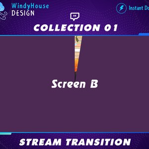 Puede incluir: Fondo morado con un borde azul y turquesa. El texto "COLLECTION 01" est&aacute; en la parte superior de la imagen. El texto "Screen B" est&aacute; en el centro de la imagen. El texto "STREAM TRANSITION" est&aacute; en la parte inferior de la imagen.