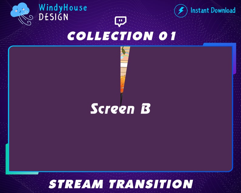 Puede incluir: Fondo morado con un borde azul y turquesa. El texto "COLLECTION 01" est&aacute; en la parte superior de la imagen. El texto "Screen B" est&aacute; en el centro de la imagen. El texto "STREAM TRANSITION" est&aacute; en la parte inferior de la imagen.
