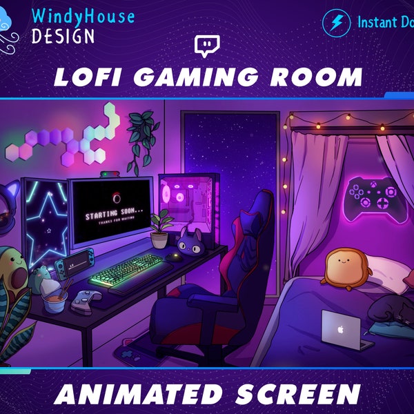 Animated Gaming Room Twitch Streaming Screens, Cozy Bed Room Twitch Overlay for Streamer Vtuber Background