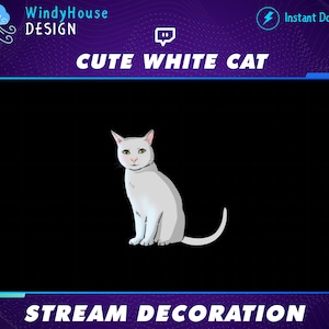 Animated White Cat Stream Decoration, Kitty Cat Twitch, Tabby Cat Stream Add-on Kawaii Twitch Overlay...