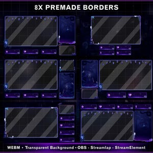 K&ouml;nnte beinhalten: Digitalgrafik mit acht vorgefertigten Streaming-R&auml;ndern. Das Design zeigt Blau- und Lilat&ouml;ne, einen dunklen Hintergrund und diagonale Streifen. Der Text "8X PREMADE BORDERS" befindet sich oben.