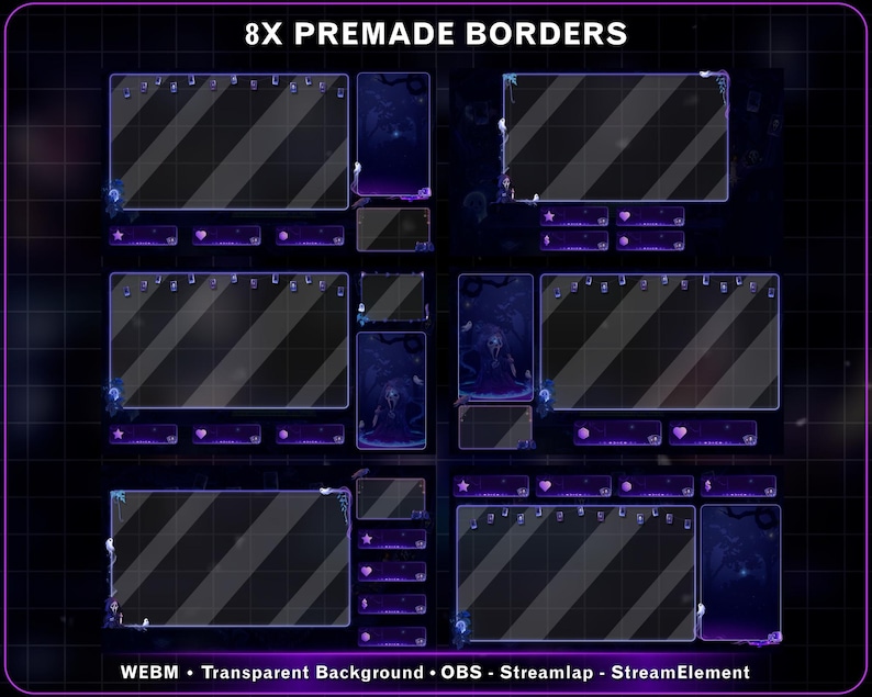 K&ouml;nnte beinhalten: Digitalgrafik mit acht vorgefertigten Streaming-R&auml;ndern. Das Design zeigt Blau- und Lilat&ouml;ne, einen dunklen Hintergrund und diagonale Streifen. Der Text "8X PREMADE BORDERS" befindet sich oben.