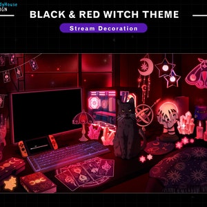 May include: A black and red witch themed stream decoration with a black cat, tarot cards, candles, and a crystal ball. The background is a dark red with stars and a moon.