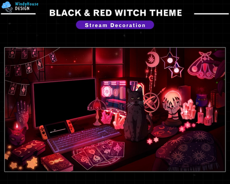 May include: A black and red witch themed stream decoration with a black cat, tarot cards, candles, and a crystal ball. The background is a dark red with stars and a moon.