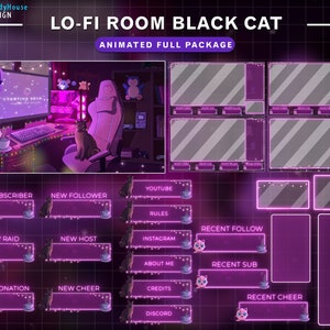 Animated Stream Full Package Lo-fi Game Room Black Cat , Cute Cat Twitch Overlay, Pink Twitch Theme