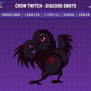 May include: A cartoon crow emote with a dark purple body, red eyes, and a black beak. The crow is in a dynamic pose with its wings spread. Text at the top reads "CROW TWITCH - DISCORD EMOTE" with various size options.