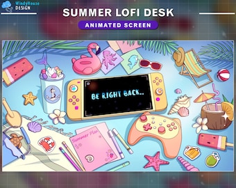 Animated Twitch Screens Summer Lo-fi Desk, Animated Stream Screens Cozy Desk with Turtle, Sea Shell, Sea Snail, Starfish, Coconut, Ice cream