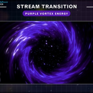 Puede incluir: Un efecto de transición de flujo de energía en vórtice púrpura con rayas blancas sobre un fondo negro. El texto "STREAM TRANSITION" y "PURPLE VORTEX ENERGY" se muestra sobre la imagen.