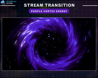 Könnte beinhalten: Ein violetter Vortex-Energie-Stream-Übergangseffekt mit weißen Streifen auf schwarzem Hintergrund. Der Text "STREAM TRANSITION" und "PURPLE VORTEX ENERGY" wird über dem Bild angezeigt.