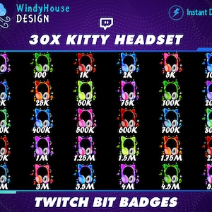 30x Kitty Headset Twitch Bit Badges, Cute Cat Bit Badges Set, Twitch Tier Badges For Streamers/Discord