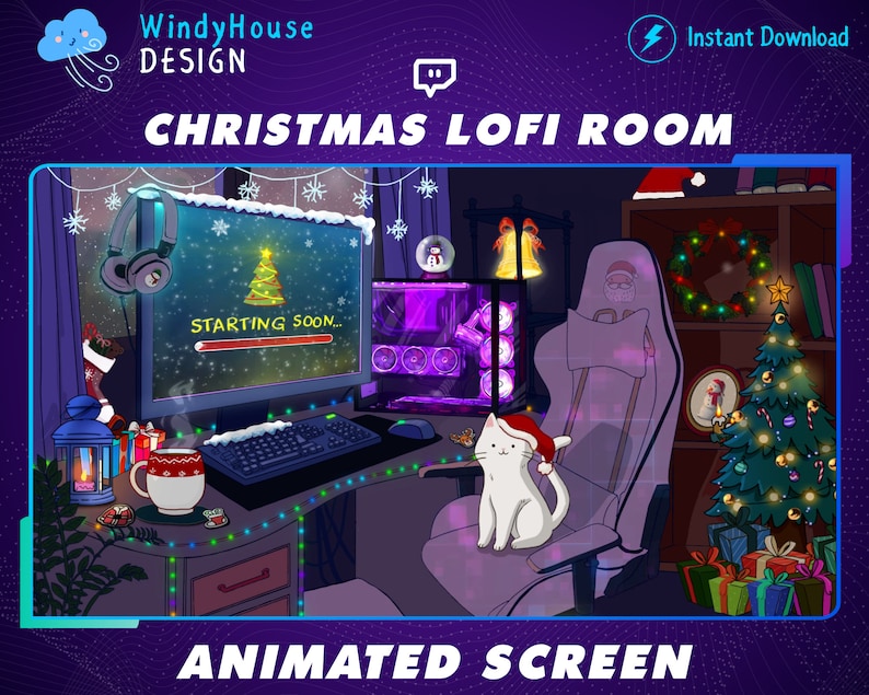 Puede incluir: Una sala de juegos con tem&aacute;tica navide&ntilde;a con un monitor de computadora que muestra una pantalla animada festiva que dice "Comenzando pronto..." Un gato blanco con un gorro de Pap&aacute; Noel se sienta en una silla de juego morada. Un &aacute;rbol de Navidad con adornos y luces est&aacute; en el fondo.