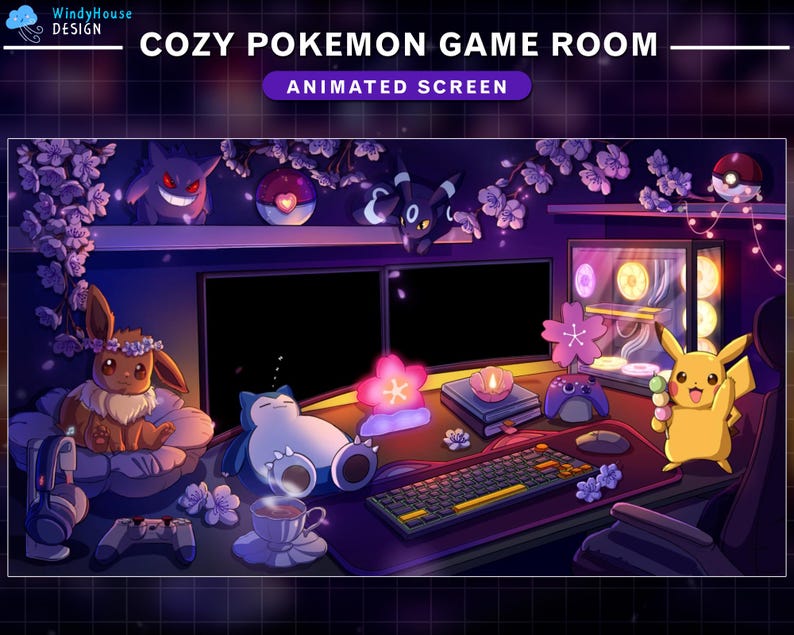 May include: Digital illustration of a cozy Pokemon game room. The scene features a computer setup with two monitors, a keyboard, and a mouse. Pokemon characters like Pikachu, Eevee, and Snorlax are present, along with decorative cherry blossoms and a cup of coffee.