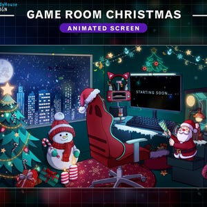 Animated Twitch Screens Game Room Christmas, Xmas Room Stream Screens, Winter Twitch Overlay with Santa Claus, Snowman, Christmas Tree...