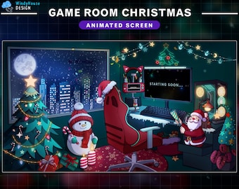 Animated Twitch Screens Game Room Christmas, Xmas Room Stream Screens, Winter Twitch Overlay with Santa Claus, Snowman, Christmas Tree...