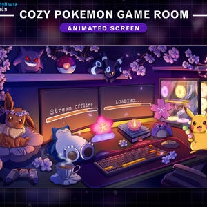 May include: An animated screen featuring a cozy Pokemon game room. The scene includes a computer setup with Pokemon characters like Pikachu, Eevee, and Snorlax. The room is decorated with cherry blossoms and soft lighting, creating a relaxing atmosphere.