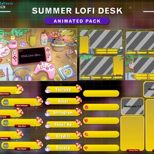 Animierter Twitch Overlay Sommer Schreibtisch, Animiertes Stream Paket Gemütlicher Lofi Schreibtisch für Streamer Vtuber Hintergrund