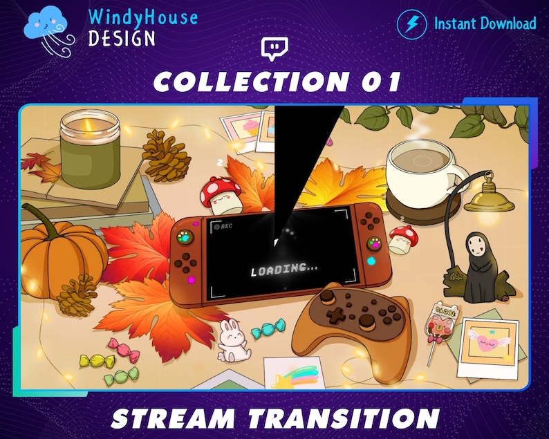 Puede incluir: Una ilustraci&oacute;n digital de una acogedora escena de oto&ntilde;o con una consola Nintendo Switch, un mando, una calabaza, una taza de caf&eacute; y una variedad de decoraciones de oto&ntilde;o. La pantalla de la consola Switch muestra el texto "CARGANDO..." y una barra de progreso. La imagen se titula "COLECCI&Oacute;N 01 TRANSICI&Oacute;N DE STREAM".