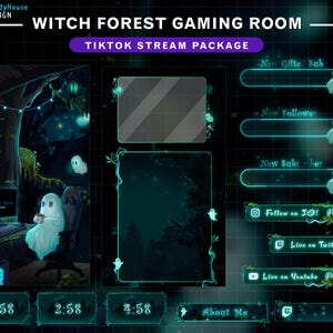 Könnte beinhalten: Ein digitales Witch Forest Gaming Room TikTok-Stream-Paket mit einem dunkelgrünen und schwarzen Farbschema. Das Design umfasst animierte Geistercharaktere, Waldelemente und Textfelder für Stream-Informationen. Der Text enthält "Witch Forest Gaming Room" und "TikTok Stream Package".