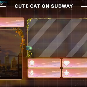 May include: A digital illustration of a city skyline at sunset with a glass panel in the foreground. The glass panel has a gold frame and is decorated with vines. The panel is divided into four sections, each with a different icon: a diamond, a dollar sign, a heart, and a star. The text "CUTE CAT ON SUBWAY" is at the top of the image.